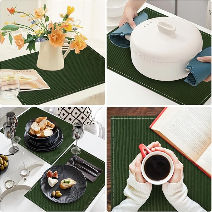 Niviy Dark Green Placemats Set of 4, 12x18 Inch Washable Easy to Clean Heat-Resistant Anti-Skid Grey Placemats for Holiday Party Kitchen Dining Room Decoration