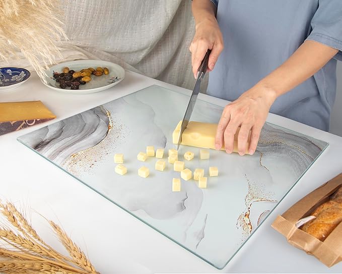 Kitchenville Glass Cutting Board 20”x16”: Tempered Glass Kitchen Counter Protector - Durable- Scratch-Resistant, Heat-Proof - Design 7 - White & Gold