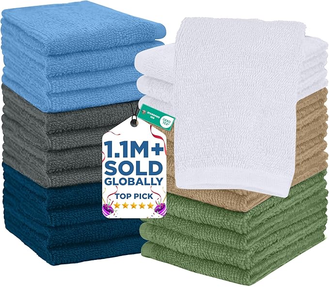 DAN RIVER 24 Pack Wash Cloths for Showering [12x12] - 100% Cotton Washcloths Premium Quality Flannel Face Cloths for Bathroom, Highly Absorbent and Soft Feel Wash Clothes, Assortment 5