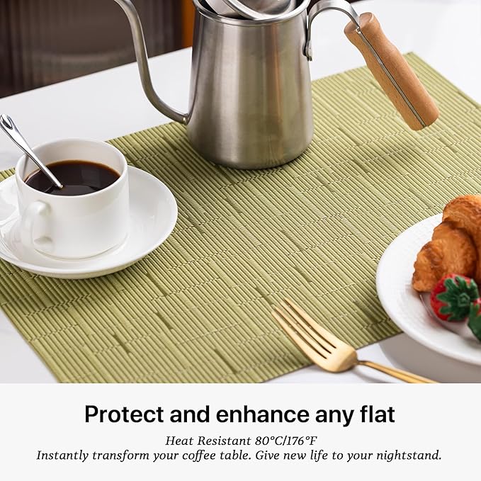 LEXMORE Placemats Set of 12 Vinyl/Plastic Woven Place Mats for Kitchen Table Indoor/Outdoor Washable Placemat Wipeable Dining Table Mats(Pea Green)
