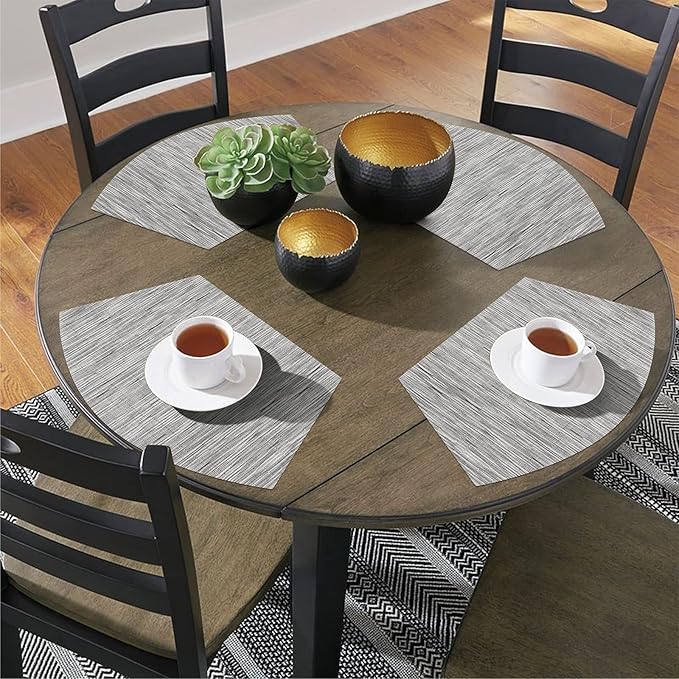 SHACOS Round Table Placemats Set of 4 Wedge Placemats Heat Resistant Woven Vinyl Table Mats Wipe Clean (4, Silver Gray)