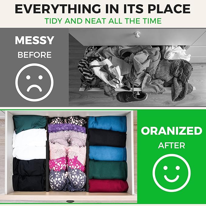 4 Pack Bamboo Kitchen Drawer Dividers 2.6" High, Adjustable from 12 Inch to 17 Inch Drawer Organizers, Expandable Drawer Separators for Clothes, Bedroom, Dresser, Office (Black)