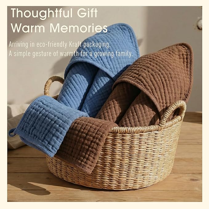 4-Piece Muslin Baby Towel Set - 100% Organic Cotton, (2) 6-Layer 32x32 Towels & (2) Washcloths, Bath, Beach & Pool Gift Set (Coffee & Blue)