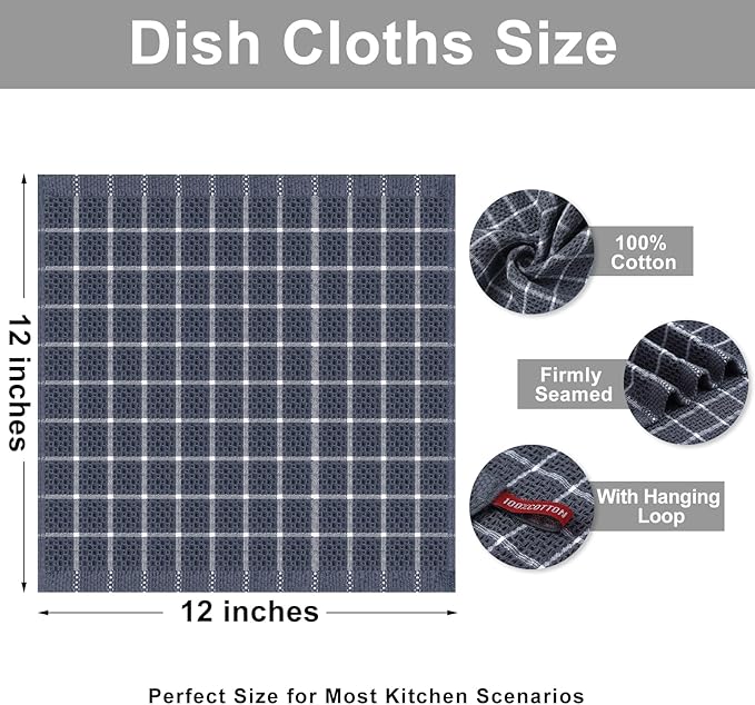 Homaxy 100% Cotton Dish Cloths, 8 Pack-12 X 12 Inches, Check Design Waffle Weave Dish Rags for Washing Dishes, Ultra Absorbent and Fast Drying Dishcloths, Grey