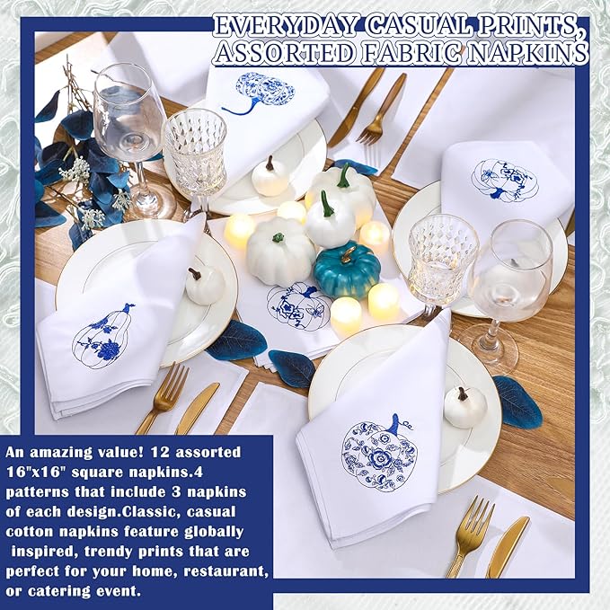 HunnmingRe 12 Pcs Thanksgiving Blue and White Cloth Napkins Chinoiserie Embroidered Pumpkin Cotton Hand Towels Blue Guests Napkin for Dinner Holiday Harvest Weddings Parties Washable 17x17 Inch