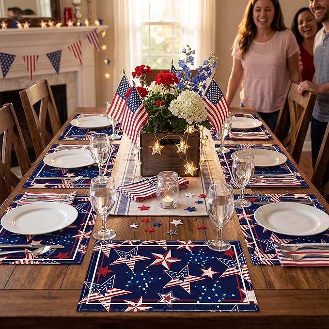 4th of July Red White Blue Star Placemats, USA 250th Anniversary 1776-2026 Independence Day Watercolor Star Table Mats, Washable Patriotic Placemats for Memorial Day Party Decor, Set of 6