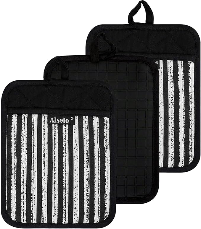 Alselo Silicone Pot Holders Set of 3 Heat Resistant & Non Slip Potholders, Professional Oven Hot Pads with Pockets Mitts for Kitchen Cooking Baking Barbecue (3, Black)