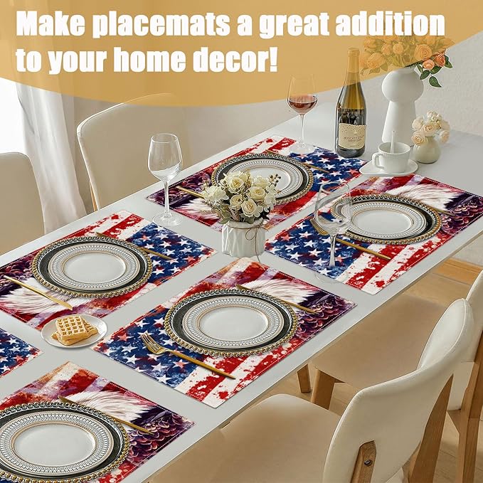 Eagle USA Flag Placemats Set of 6, Linen Place Mat Washable Stain Resistant Table Mats for Farmhouse Kitchen Dining Holiday Party Wedding Decor 12x18 Inch