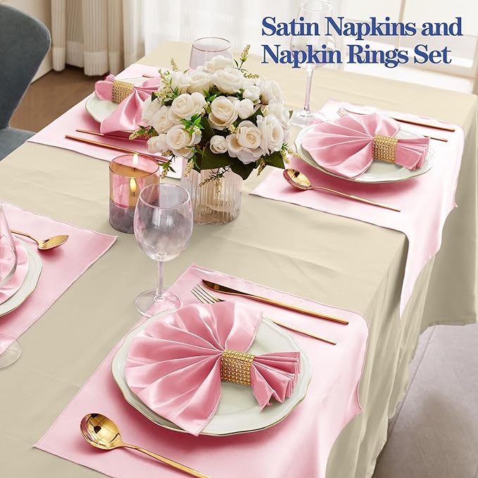 RUDONG M 100 Pcs Light Pink Satin Napkins and Napkin Rings Set, 17 x 17 Inch Square Cloth Napkins Set of 50, Silky Soft Table Napkins Bulk for Weddings, Banquet, Parties Dinner Decoration