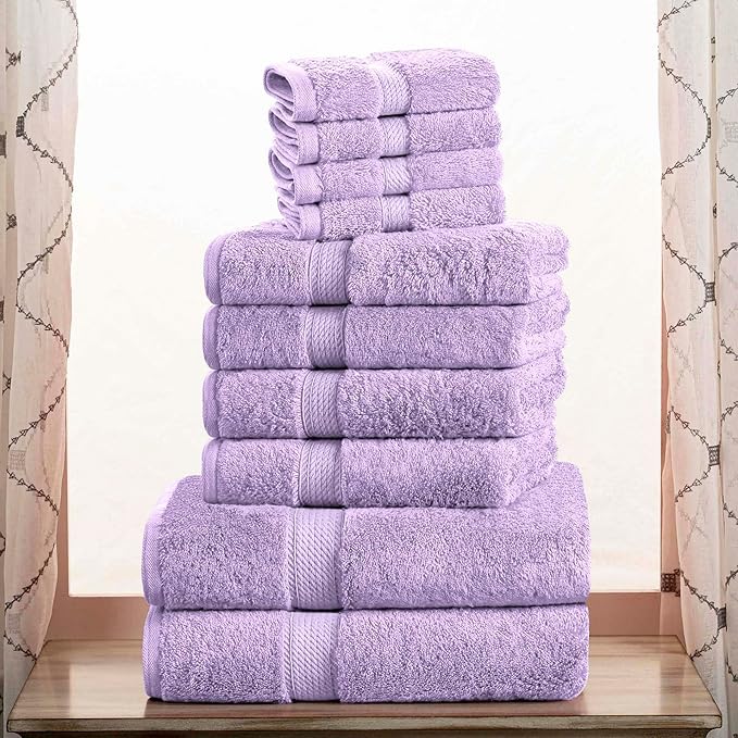 Superior Egyptian Cotton Pile 10 Piece Towel Set, Includes 2 Bath, 4 Hand, 4 Face Towels/ Washcloths, Ultra Soft Luxury Towels, Thick Plush Essentials, Guest Bath, Spa, Hotel Bathroom, Purple
