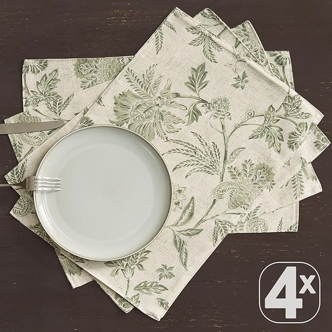 JINCHAN Linen Floral Fall Placemats Set of 4 Cloth Table Mats Rustic Cottagecore Jacobean Outdoor Seasonal for Kitchen Dining Table Decor Washable Tablemats 13x19 Inch Green