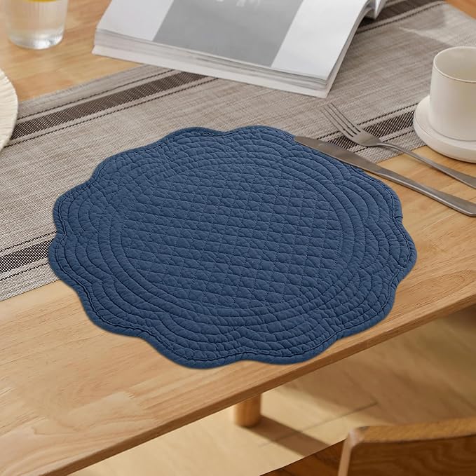 HOMBYS Quilted Placemats Set of 6 Washable Round Placemats for Kitchen Table-100% Cotton Fabric 14 Inch Round Table Mats, Cotton Fabric with Microfiber Filling, (14"x14", Sapphire Blue)