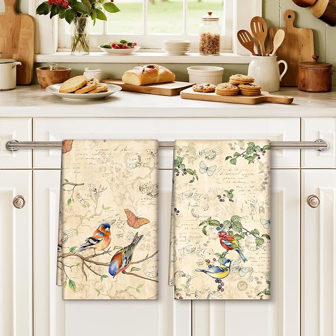 Retro Birds Tea Towels, Cotton Kitchen Towel 18.9 × 27.5 inch, Gifts for Bird Lovers, Quick Drying Dish Cloth for Party Anniversary Holiday Decoration, Housewarming Gifts for Mom