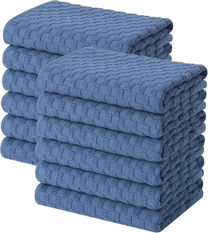 Homaxy 100% Cotton Terry Kitchen Towels(15" x 25", 12 Pack), Soft and Super Absorbent Dish Towels, 380 GSM Reusable Tea Towel with Hanging Loop, Pineapple Grid Designed, Navy Blue