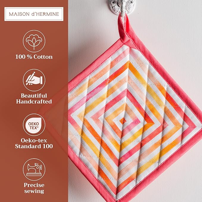 Maison d' Hermine Pot Holders 100% Cotton Heat Resistant Potholders 8" x 8" Hot Pads with Loop BBQ Cooking Baking Gifts for Mothers Day Handling Hot Pans Spring/Summer (Pack of 1, Summer Maze)