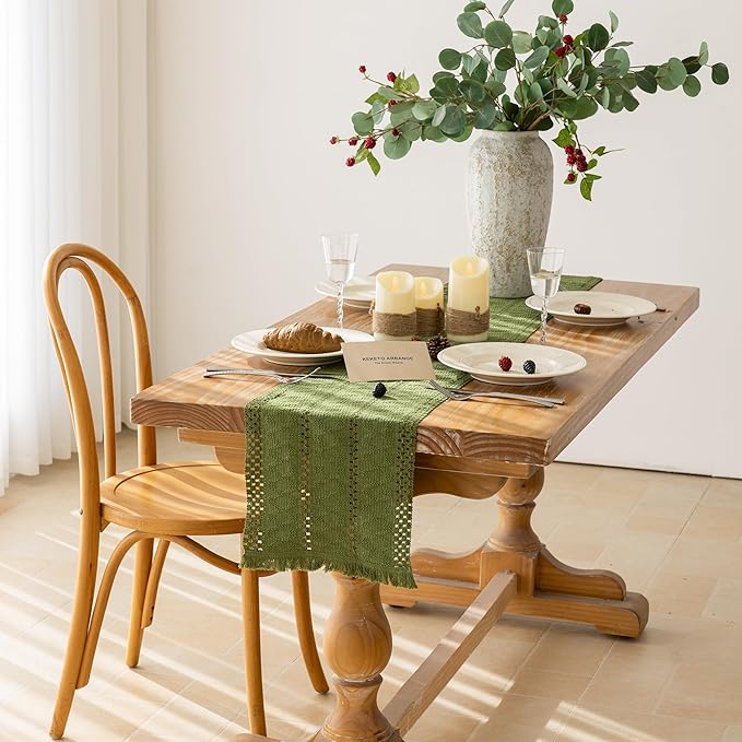 Keketoarrange Boho Sage Green Table Runner for Spring Home Decorations 12x90 Inches Farmhouse Macrame Woven Burlap Rustic Coffee Table Runner Dresser Scarf Dining Kitchen Centerpiece Bohemian Decor