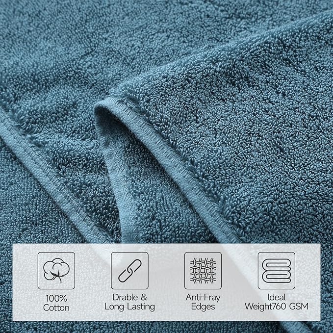 REDKISS 4 Pack Large Bath Towels Set, 100% Cotton, 31x63 in, Heavyweight 760G, Highly Absorbent & Quick Dry, Super Soft Luxury Towels for Bathroom,Hotel Collection - Blue