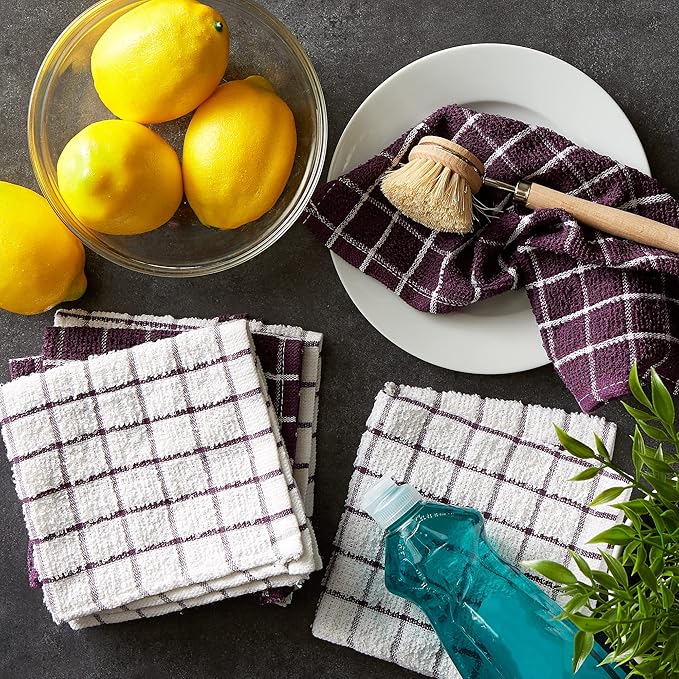 DII Basic Terry Collection Windowpane Dishcloth Set, 12x12, Eggplant, 6 Piece