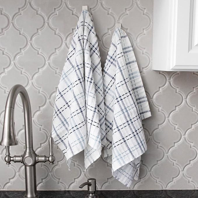 Ritz Royale Collection 100% Combed Terry Cotton, Highly Absorbent, Oversized Checked Kitchen Towel Set, 28" x 18", 2-Pack, Federal Blue