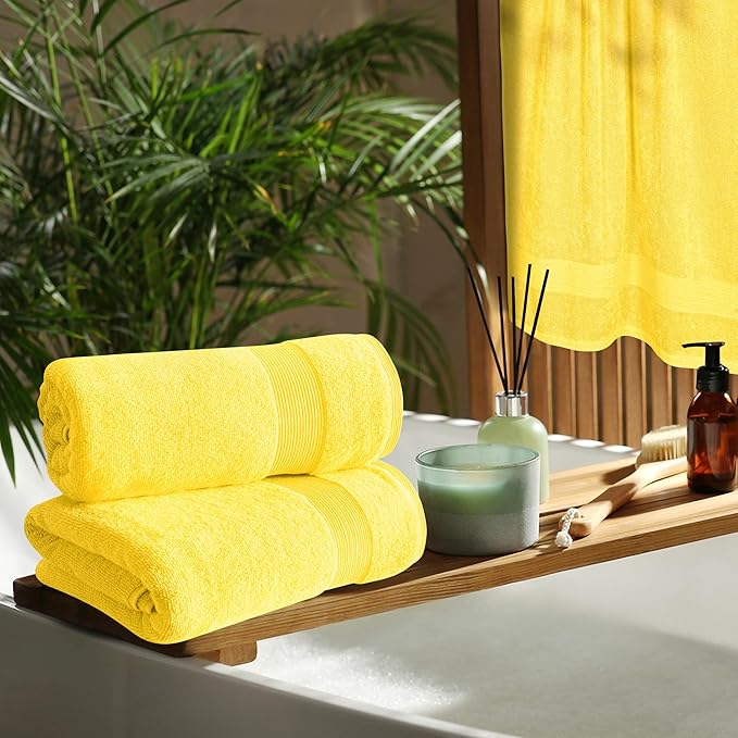 Belizzi Home 4 Pack Bath Towel Set 27x54, 100% Ring Spun Cotton, Ultra Soft Highly Absorbent Machine Washable Hotel Spa Quality Bath Towels for Bathroom, 4 Bath Towels Lime Yellow