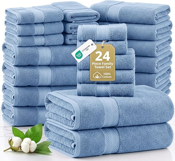 Lane Linen Bath Towel Set - 24 Pcs - Made From 100% Ring Spun Cotton - Quick Dry, Soft & Absorbent - 2 Bath Sheet, 4 Fingertip, 4 Bath, 6 Hand Towels, 8 Washcloth - Multipurpose Towels - Cerulean Blue