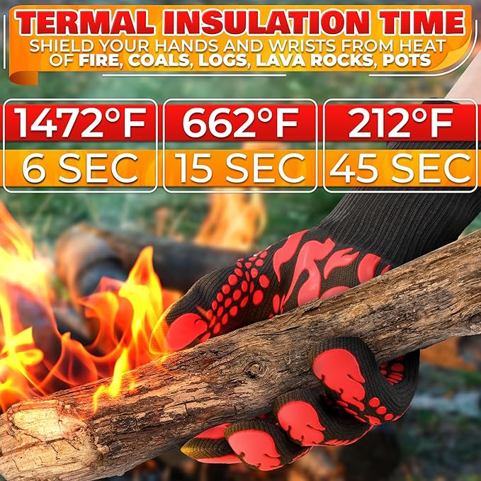 BBQ Gloves - 1472 °F 6 Sec. Heat Resistant Gloves for Cooking Made of Aramid Fabric with Anti-Slip Silicone, Double-Layer Insulation, and Elastic Band - for Grilling, Baking and Kitchen Use