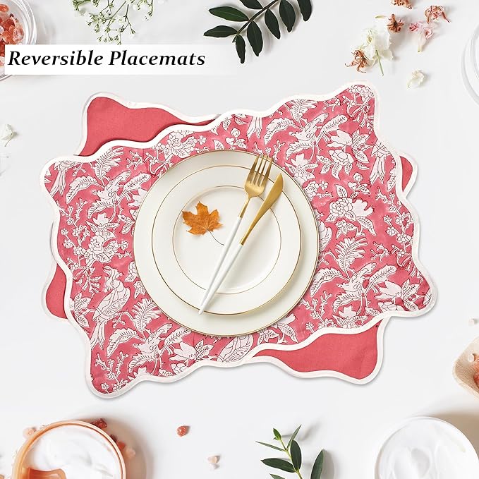 CPC Cotton Placemats Pink Coral Set of 4-Hand Block Printed Reversible Placemats, Flower Scalloped & Embroidered Cloth Table Mats - 14 x 20 inch Gift for Spring, Mother's Day