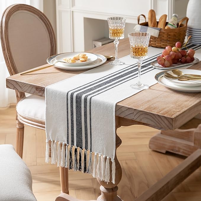 Boho Table Runner for Modern Farmhouse Decor, Dining Table décor 13 x 72 Inch Long with Handcrafted Tassels, Black and Beige Stripe Table Runner for Home Boho décor