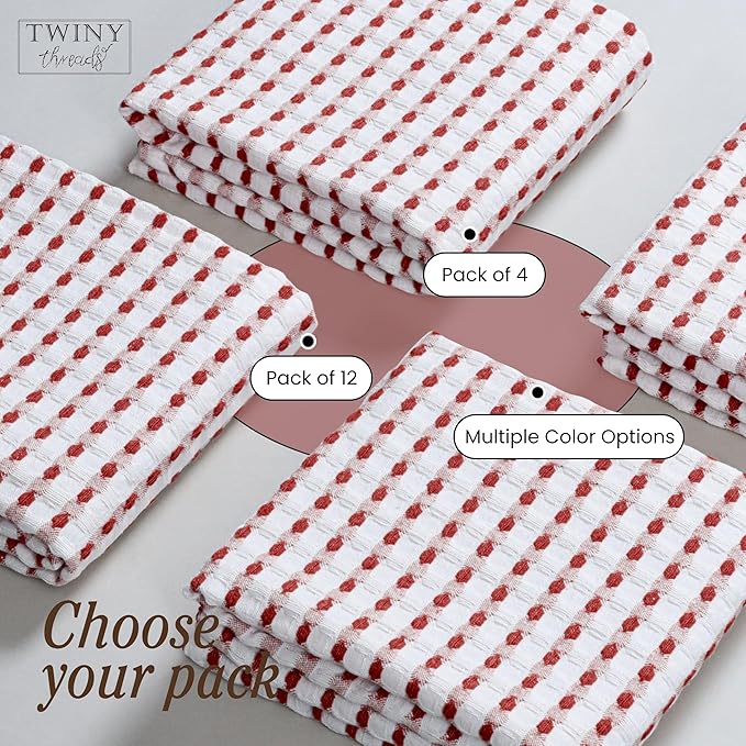 TWINY threads Waffle Kitchen Towels 100% Cotton Set of 4, Ultra Absorbent Dishcloth Set, Absorbent, Quick Dry & Soft Waffle Texture Cloths for Drying Dishes & Household Cleaning, Rust & White
