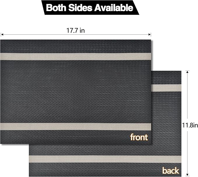 SLKQG Black Placemats Set of 4 - Easy Clean Modern Durable Washable Vinyl Place Mats - Heat Resistant Placemats for Kitchen Table - PVC Table Mats for Dining Table (Black with Stripes, 4)