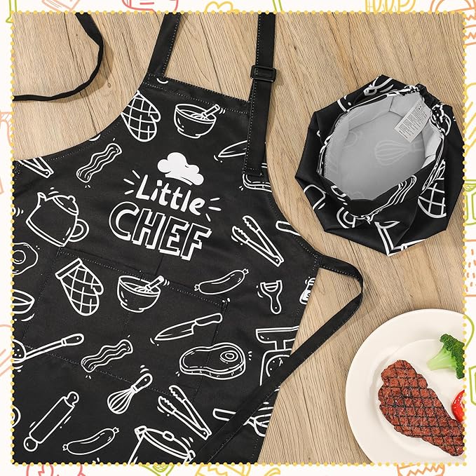 Kids Apron and Chef Hat Set, Funny Apron with 2 Pockets, Adjustable Kids Aprons for Cooking for Boys and Girls