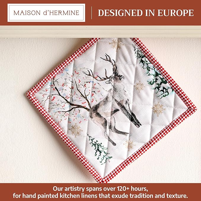 Maison d' Hermine Pot Holders 100% Cotton Heat Resistant Potholders 8" x 8" Hot Pads with Loop for Thanksgiving Christmas Decorations BBQ Cooking Baking Handling Hot Pans (Pack of 1, Rural Christmas)