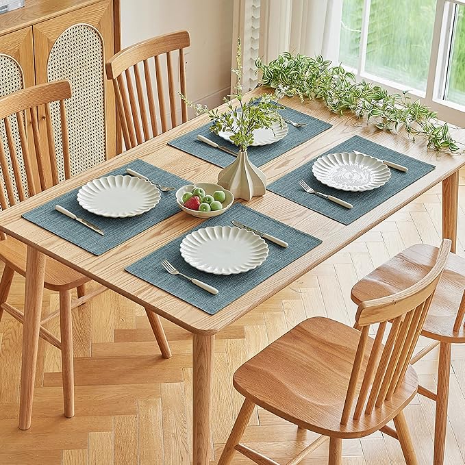 Softalker Faux Linen Placemats Set of 4-12 x 18 Inch, Heat Resistant Double Layered Durable Burlap Farmhouse Place Mats, Non-Slip Washable Rustic Table Mats for Dining, Kitchen, Party（Light Blue