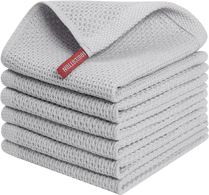 Kitinjoy 100% Cotton Kitchen Dish Cloths (12 X 12 Inches, Light Grey), 6 Pack Waffle Weave Ultra Soft Absorbent Dish Towels for Drying Dishes Quick Drying Kitchen Towels Dish Rags