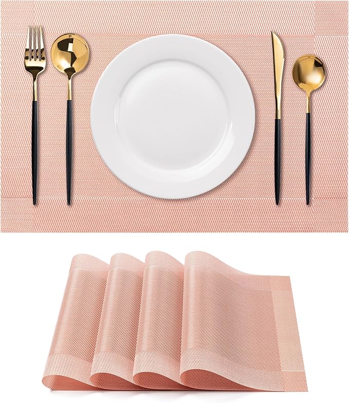 CADONO Placemats Set of 4 Washable Indoor/Outdoor Vinyl Place Mats for Dining Table Durable Non-Slip Heat Resistant PVC Weave Table Mats（Four-Corner-Peachpink）