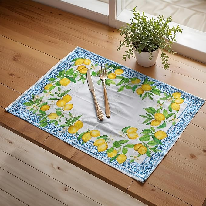 Maison d' Hermine Placemats Set of 4 100% Cotton Washable Cloth Place Mats Reusable Table Mats for Kitchen Dining Party Wedding Gifts for Mothers Day Spring/Summer (Cedrat, 13" x 19")