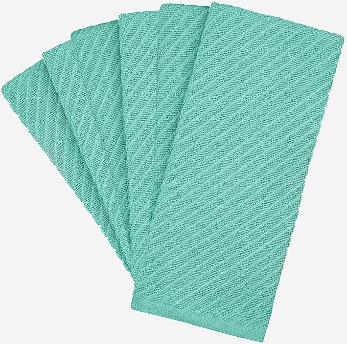 Premium Kitchen Towels (16”x 25”, 6 Pack) | Large Cotton Kitchen Hand Towels | Dish Towels | Diagonal Weave Design | 445 GSM Highly Absorbent Tea Towels Set with Hanging Loop | Aqua