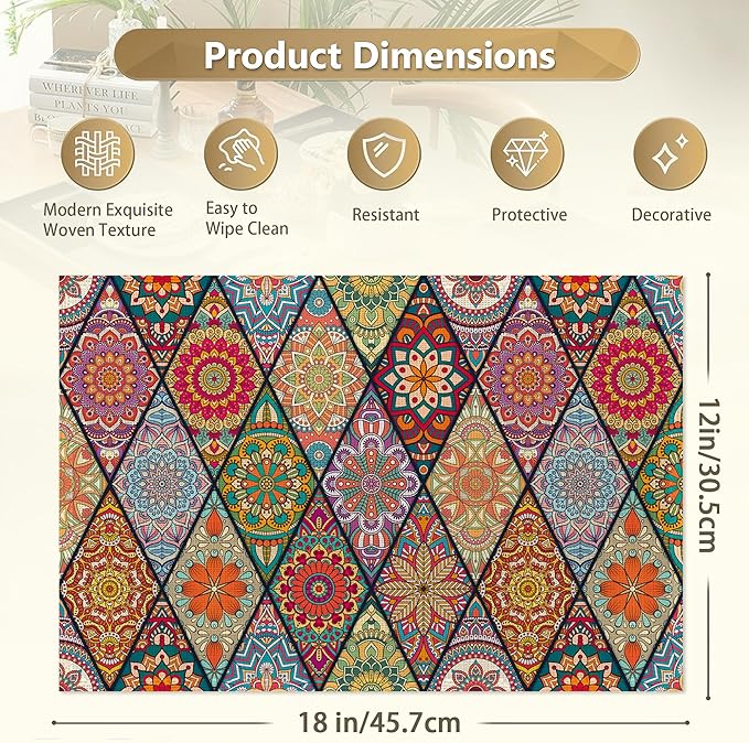 Set of 6 Washable Colorful Bohemian Placemats Non-Slip Heat-Resistant 12x18 Inch Thick DecorativeLinen Table Mats for Dining Table Home Décor