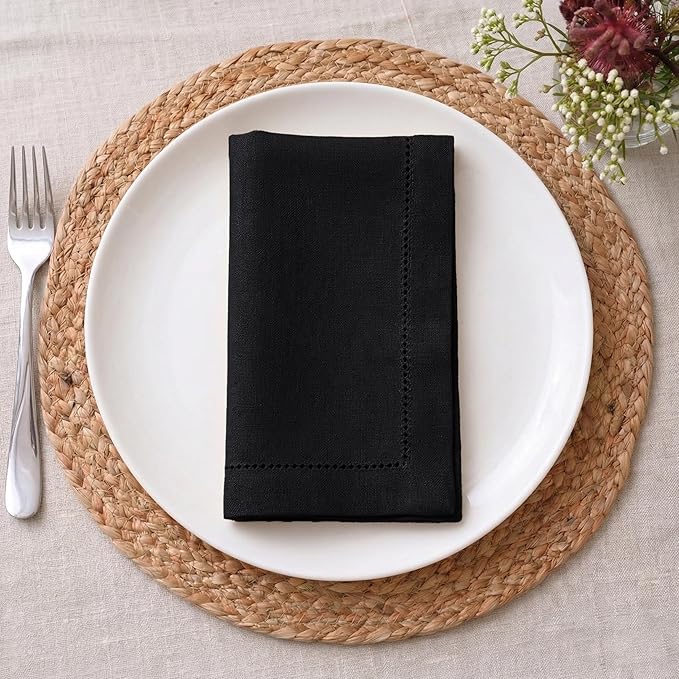 Palisa Black Cotton Napkins Set of 12 | Premium Hemstitch Detailing Cloth Dinner Napkins 18x18 Inch | Soft Washable & Reusable Table Napkins for Everyday Use Weddings Parties Restaurants & Hotels