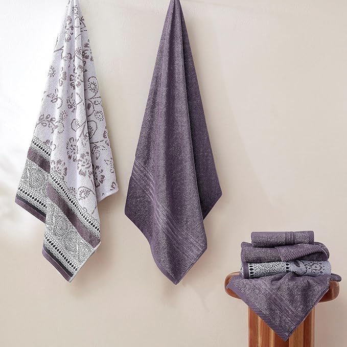 Modern Threads Floral Trail 6-Piece 100% Cotton Towel Set – Reversible Yarn Dyed Jacquard – Includes 2 Bath Towels, 2 Hand Towels, 2 Washcloths – Absorbent, Quick Dry, Soft & Durable – Purple