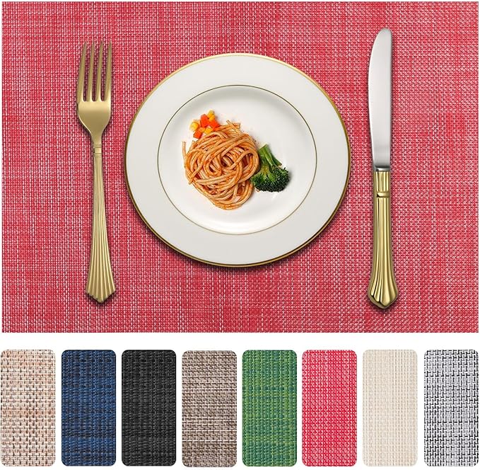 Vinyl Placemats Set of 6, PVC Woven Washable Non-Slip Table Mats, Heat Resistant Wrinkle Free Place Mats for Dining Table, Easy to Clean (6, Red)