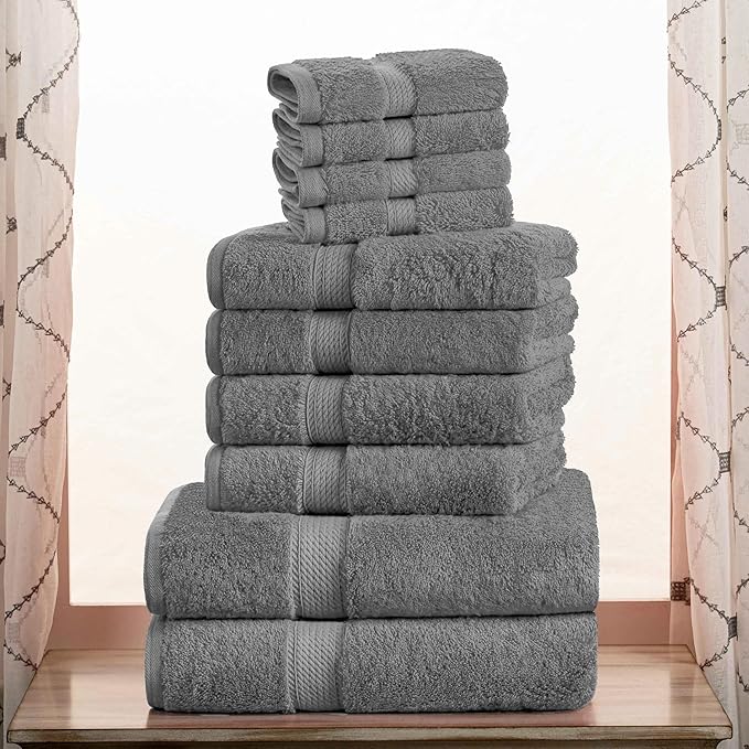 Superior Egyptian Cotton Pile 10 Piece Towel Set, Includes 2 Bath, 4 Hand, 4 Face Towels/ Washcloths, Ultra Soft Luxury Towels, Thick Plush Essentials, Guest Bath, Spa, Hotel Bathroom, Charcoal