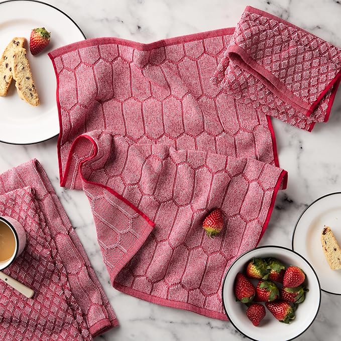 Martha Stewart Honeycomb Chambray Textured Kitchen Towel 4-Pack Set, 100% Cotton with Absorbent Terrycloth, Decorative Kitchen Towels, Red, 16"x28"