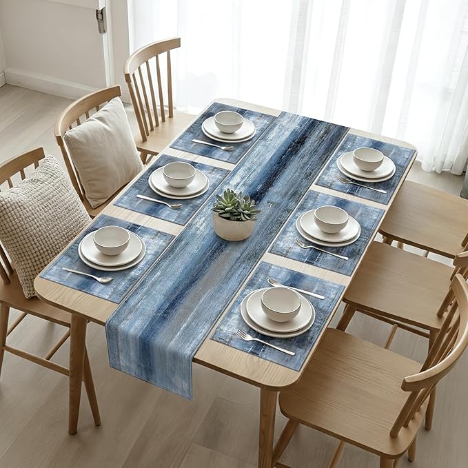 Blue and Gray Table Runner and Placemats Set of 6 Farmhouse Washable Linen Place Mats Rustic Abstract Art Table Decor for Kitchen Dining Coffee Outdoor Party (Blue and Gray, 13"x71"+12"x18")
