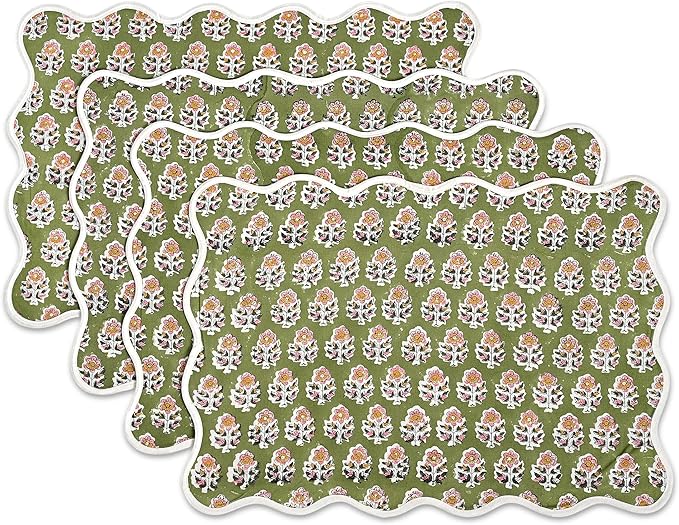 CPC Cotton Placemats Jade Green Set of 4-Hand Block Printed Reversible Placemats, Machine Washable, Flower Scalloped & Embroidered Cloth Table Mats - 14 x 20 inch