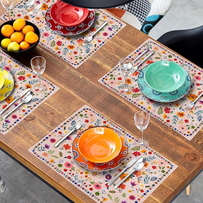Pink Flowers Linen Placemats Set Spring Floral Table Mat for Women Kitchen Dining Decoration