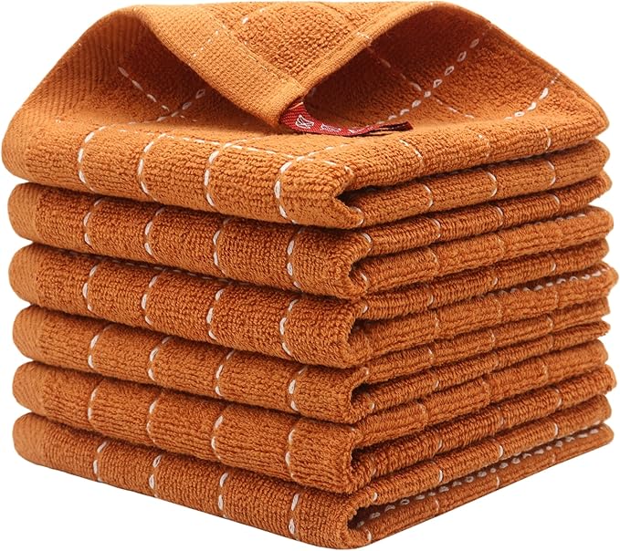Cotton Terry Dish Cloths, Absorbent Dish Towels for Kitchen Drying, Soft Wash Cloths Multipurpose Dish Rags for Washing Dishes, 12 x 12 Inches, Set of 6 (Dark Orange)