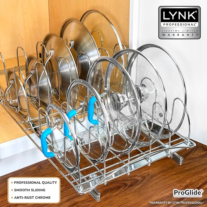 LYNK PROFESSIONAL® Pull Out Pot and Pan Lid Organizer Inside Cabinet - Lifetime Ltd. Warranty – Cookie Sheet Organizer for Cabinet – Slide Out Baking Sheet Organizer - 14W x 21D, Extra-Large, Chrome