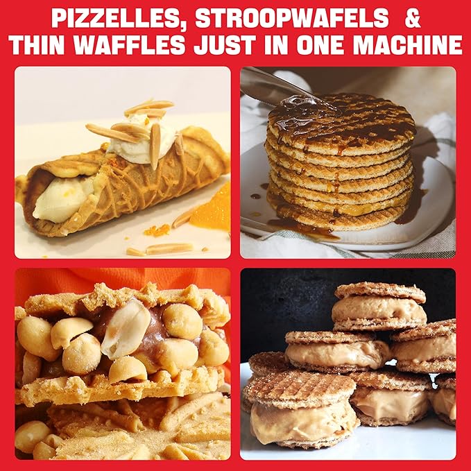 SugarWhisk Pizzelle Maker Electric, Non-stick Stroopwafel Iron, 2 X 5" Cookie Machine for Christmas, 4" Mold Included, White