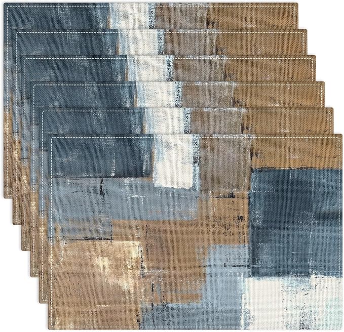 Emvency Farmhouse Placemats Set of 6, Abstract Modern Geometric Blue Brown 12x18 Inch Linen Rectangular Place Table Mats for Indoors & Outdoor Home Party Kitchen Dining Decoration
